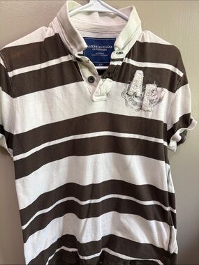 American Eagle Outfitters Brown & White Striped Polo